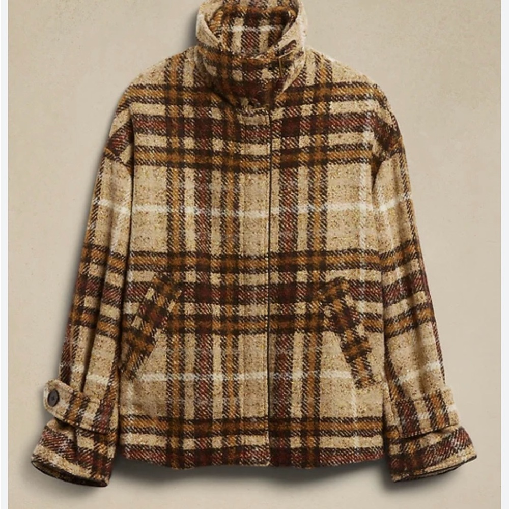 Banana Republic Funnel Neck Balcamaan Jacket Neutral plaid. XXS but fits XS/S - Picture 7 of 14